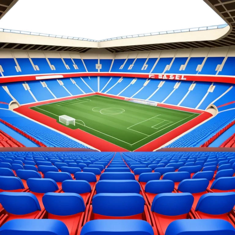 fc basel soccer stadium with blue seats. the name fc basel is written in red seats whereby many red seats form the label within a sea of blue seats emoji