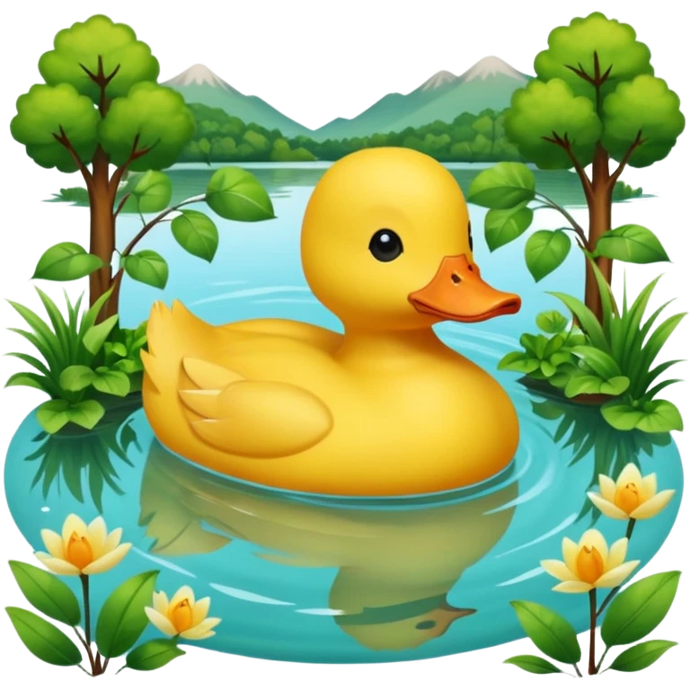 a yellow duck with a bow on its head in a lake surrounded by nature emoji