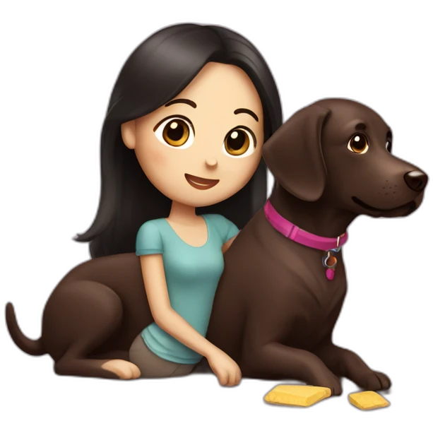 Chocolate labrador playing with woman long black hair emoji