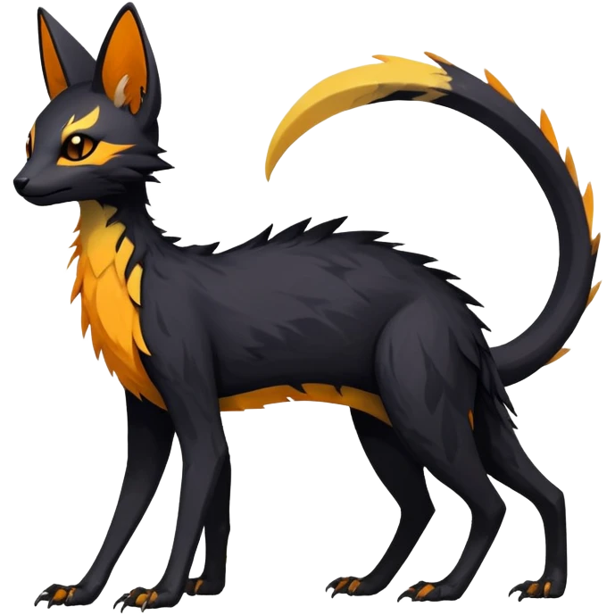 Rare realistic exotic edgy dark gothic gloomy spooky black and orange/yellow epic pretty beautiful handsome gorgeous aesthetic colorful vibrant Vernid-Trico-species-Fakemon-creature by LiLaiRa, 4 legs, 1 tail, random markings, (full body) emoji