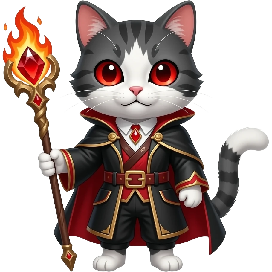cat fire wizard, fire elements red eyes, staff with firey red gem, black and red outfit emoji