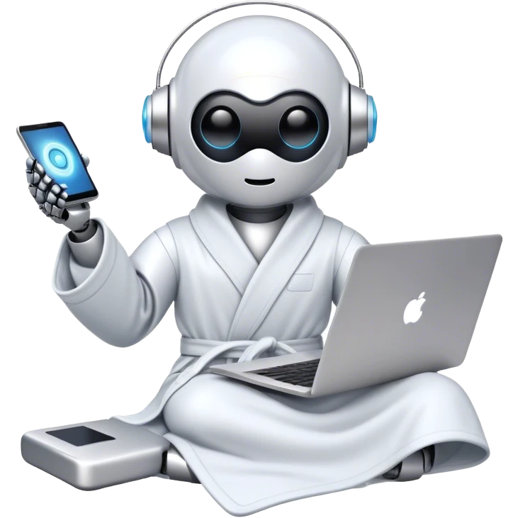 Emoji of a remote-working robot in a cozy smooth bathrobe with a laptop. The robot has a sleek helmet-like head with LED digital eyes. Relaxed yet high-tech vibe. emoji