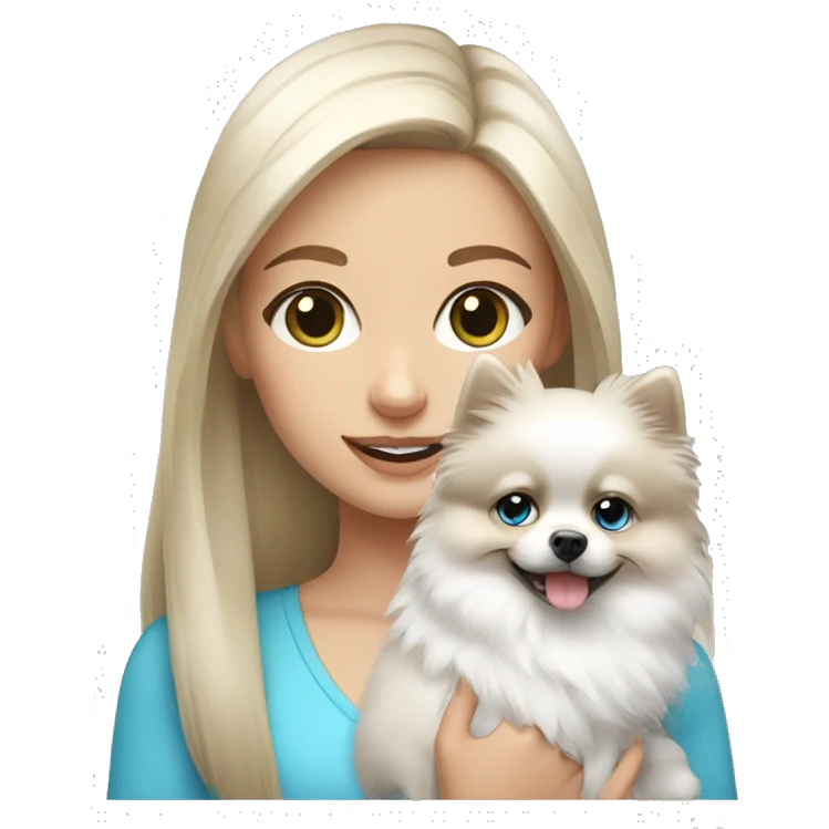 White Brunette girl with blue eyes  holding   white pomeranian  emoji