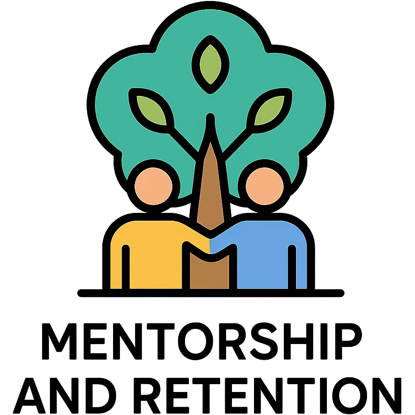 mentorship and retention icon, abstract tree with two figures under it, representing growth and support, minimal, corporate style emoji