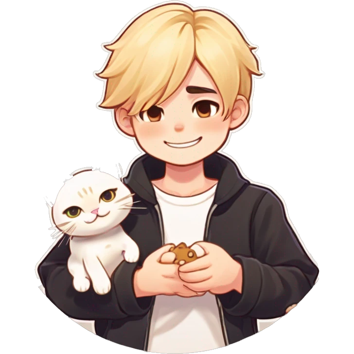 A boy with blond hair and he helds a kitty emoji