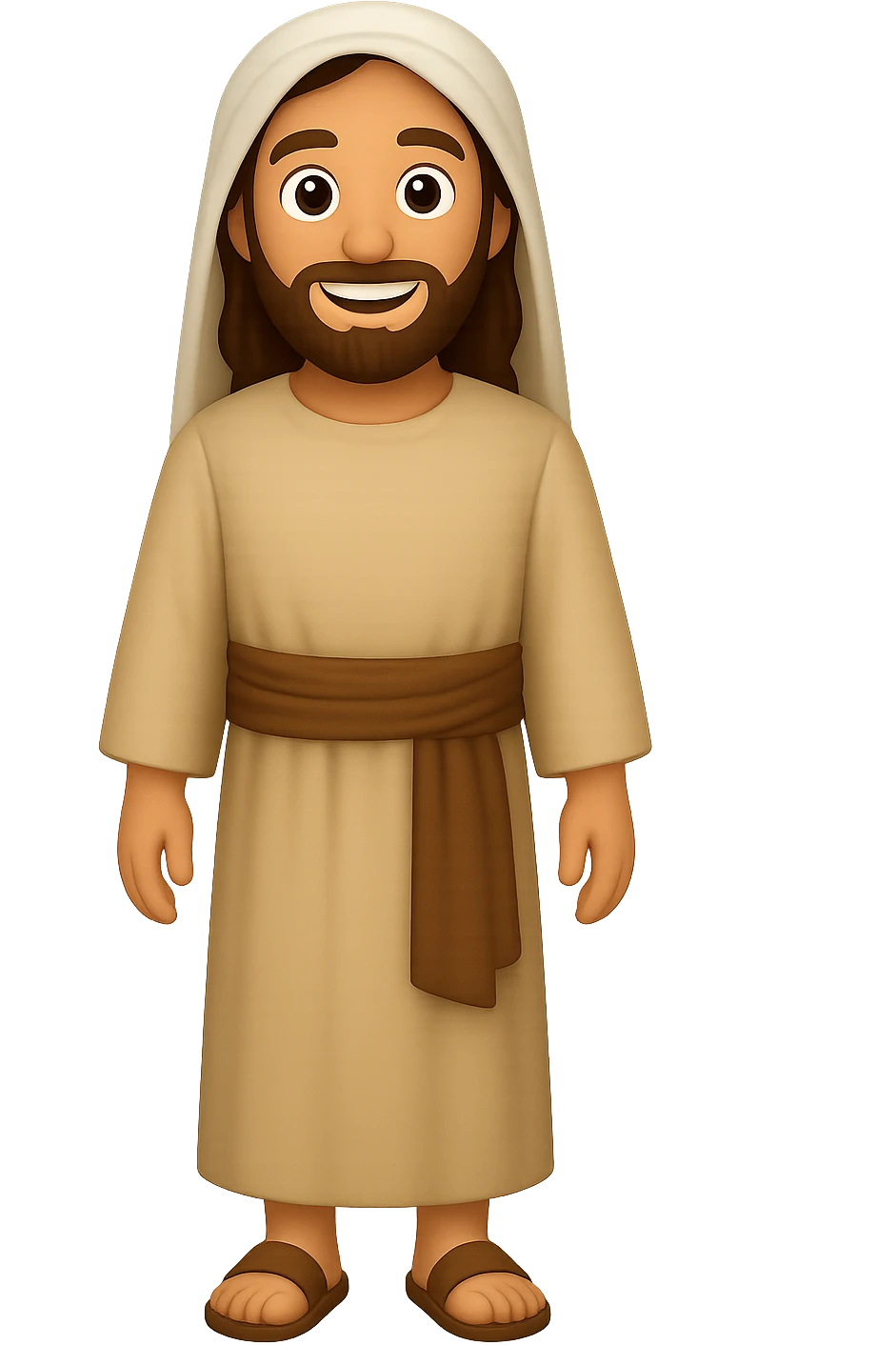 Create a centered full body image of Apostle Peter in classic emoji style. He is facing straight, smiling with a detailed beard, wearing a robe with a brown sash and head covering as in the reference image, but with long sleeves. No background. emoji