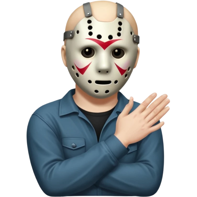 Jason Voorhees, looking cute, with his hands clasped in front of him, at a sideways angle, looks like he is in love emoji