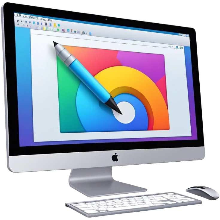 Computer graphics icon, large monitor with graphic design software open, graphic tablet, stylus, vibrant colors, minimalistic style, clean lines, transparent background. emoji