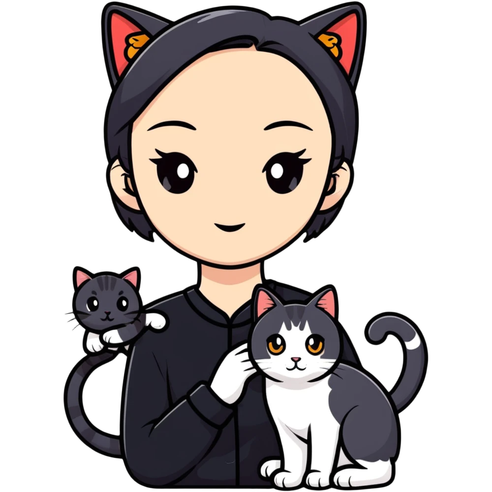 Young woman in black clothes with a Chinese domestic cat emoji