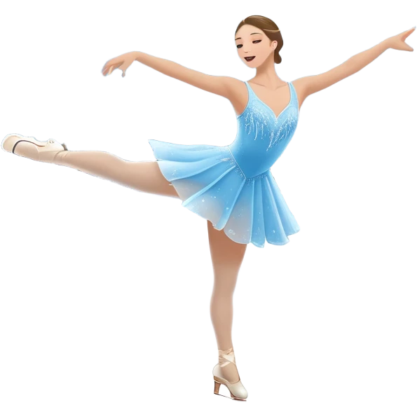 An icon showing a graceful figure skater performing a spin on the ice in a grand ice palace. The rink is illuminated by soft light beams, with cheering spectators in the stands. Snowflakes gently fall, adding to the magical atmosphere. Transparent background highlights elegance and artistry. emoji