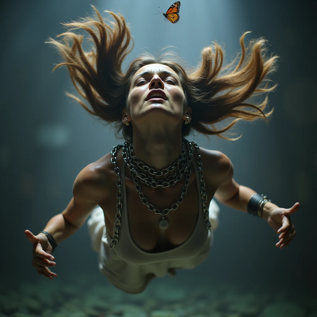 A hyperrealistic 4K image of a woman suspended in zero gravity with hair swirling frantically, chains of anxiety wrapped around her neck and torso, face showing fear and distress, butterflies struggling to break free, sharp light and shadow, palpable anxiety. emoji