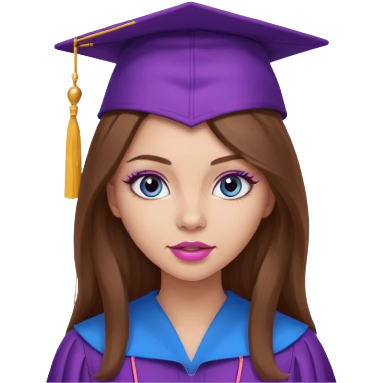 girl with beautiful long brown hair, blue eyes, long lashes makeup, sexy pink lips, wearing a purple graduation cap and gown emoji