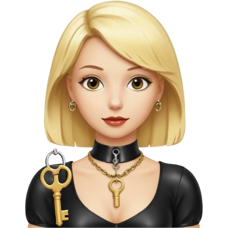 Dominatrix with blonde hair, latex outfit, old fashioned key necklace emoji