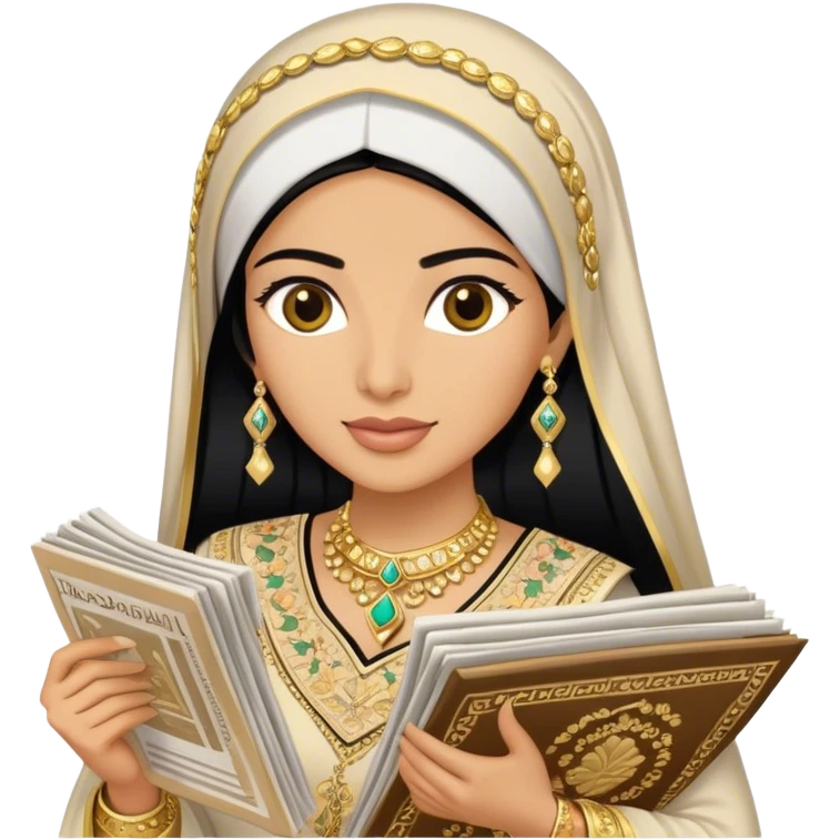 a khaleeji woman dressed in a traditional embroidered outfit,  black hair and a lot of gold accessories holding newspapers  emoji
