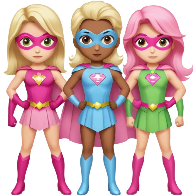 three superhero girls standing together - one in light blue costume, one in pink costume, and one in light green costume emoji