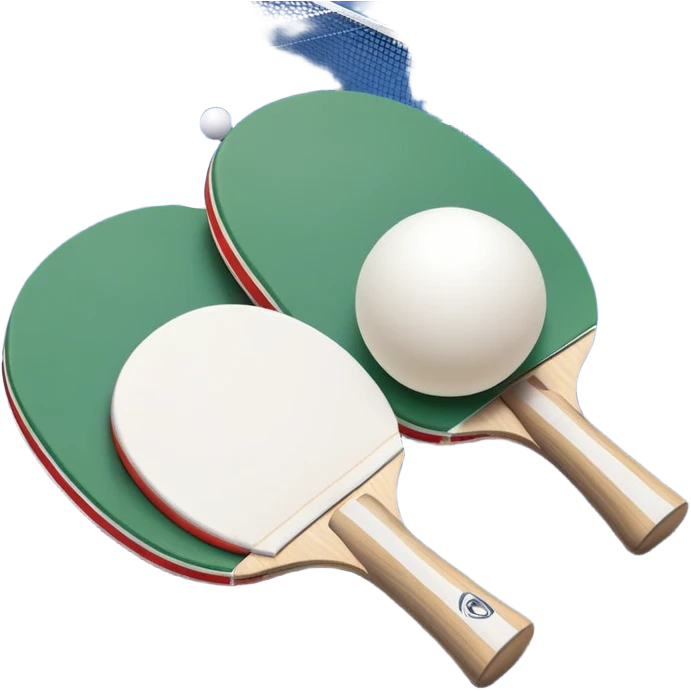 Two table tennis paddles crossed over a ping pong ball, placed on a smooth, reflective table. The background suggests a clean, minimalist playing surface, capturing the precision and fast-paced nature of the sport. emoji