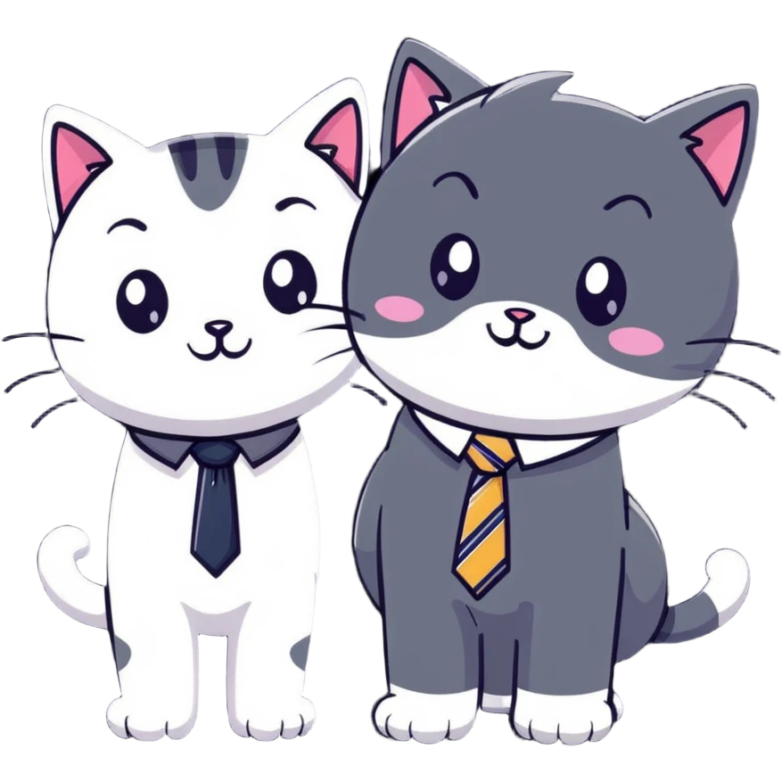 happy girl cat with eyelashes wearing a cute necktie, and happy boy cat wearing a professional necktie, standing together emoji