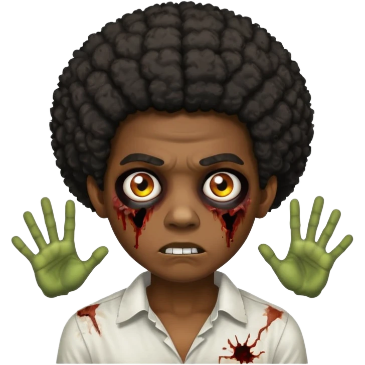 A dark-skinned boy with an afro, zombie eyes, and ears, wearing a white shirt. emoji