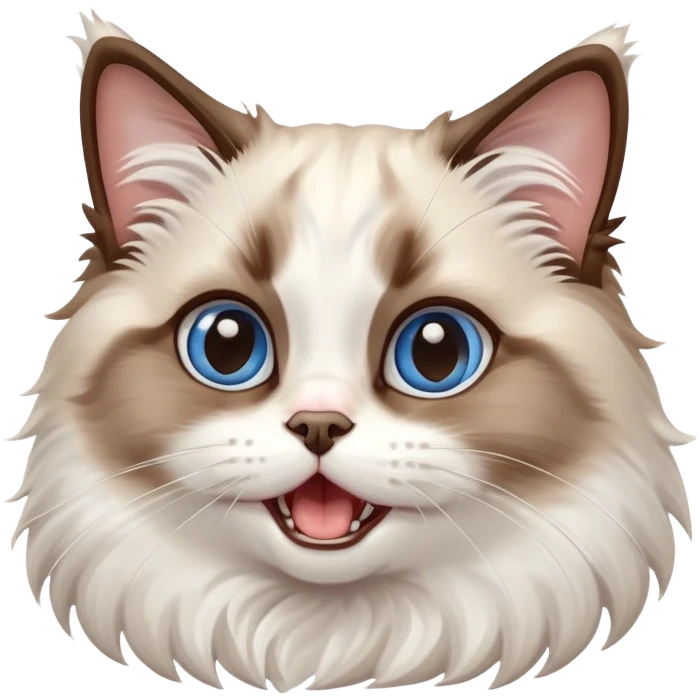 cinematic-adorable-big-eyed-fluffy-brown and white ragdoll-cat-portrait-emoji,-head-tilted-playfully-with-a-cute,-yawn,-soft-brown-and white-colored-fur-with-darker-points-on-the-ears,-simplified-yet-irresistibly-cute-features, sparkling blue eyes emoji