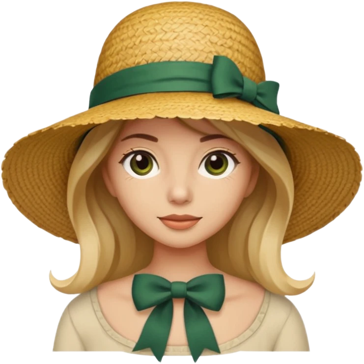 light beige women's straw hat with large brim and dark green bow emoji