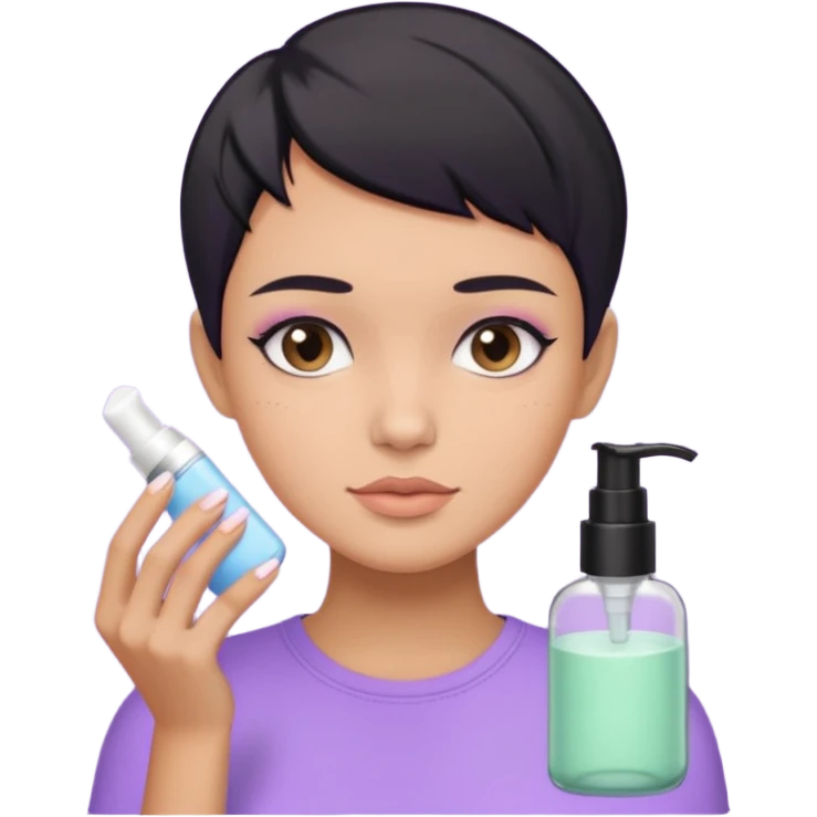 tan girl with pastel purple shirt with black hair & a pixie, doing her skin care emoji