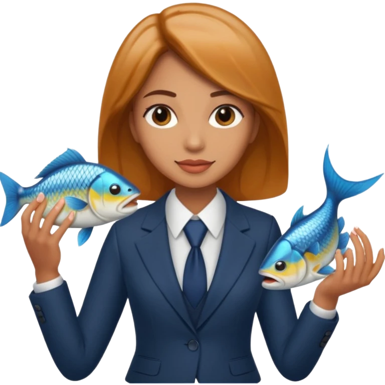Woman in a suit holding a fish emoji
