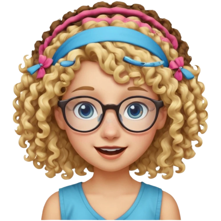 blond kid with unique face features and very curly hair kid girl happy and big glasess and big nose and very blue eyes and headband with freckles emoji