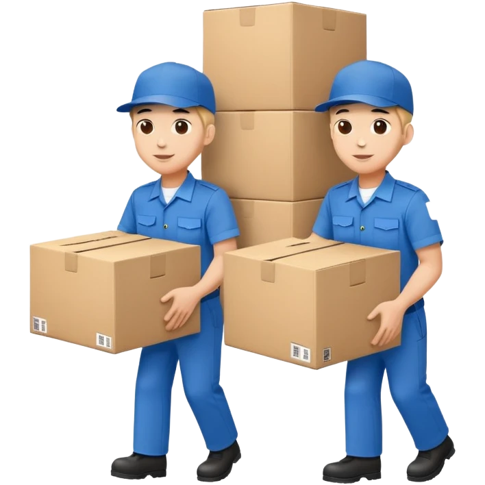two workers in blue uniforms and hat caps carrying a large box emoji