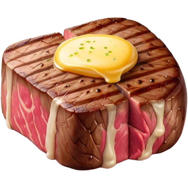 Cinematic thick-cut steak, perfectly seared with grill marks, a juicy pink center, butter melting on top, rich and savory, warm glow, sizzling and mouthwatering, highly detailed and appetizing. emoji
