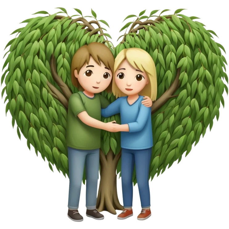 heart-shaped weeping willow tree with two people inside giving each other a supportive, caring hug, like close friends comforting each other, with a small heart above them emoji