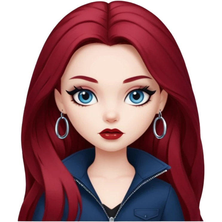 pale skin, girly bratz baddie, beautiful dark blue eyes, sharp black eyeliner, long dark red hair emoji