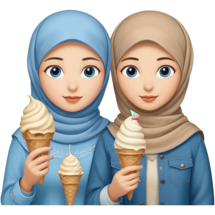 Turkish beautiful finish Konya two girls blue eyes with beige denim hijab islamic dress and had on her hand ice cream emoji