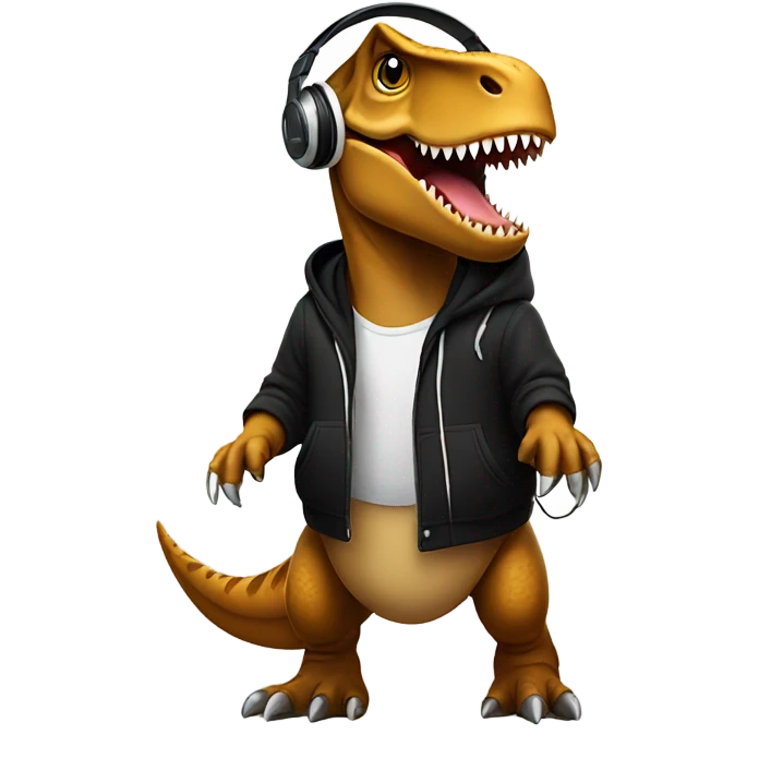T-rex wearing a black hoodie and headphones emoji