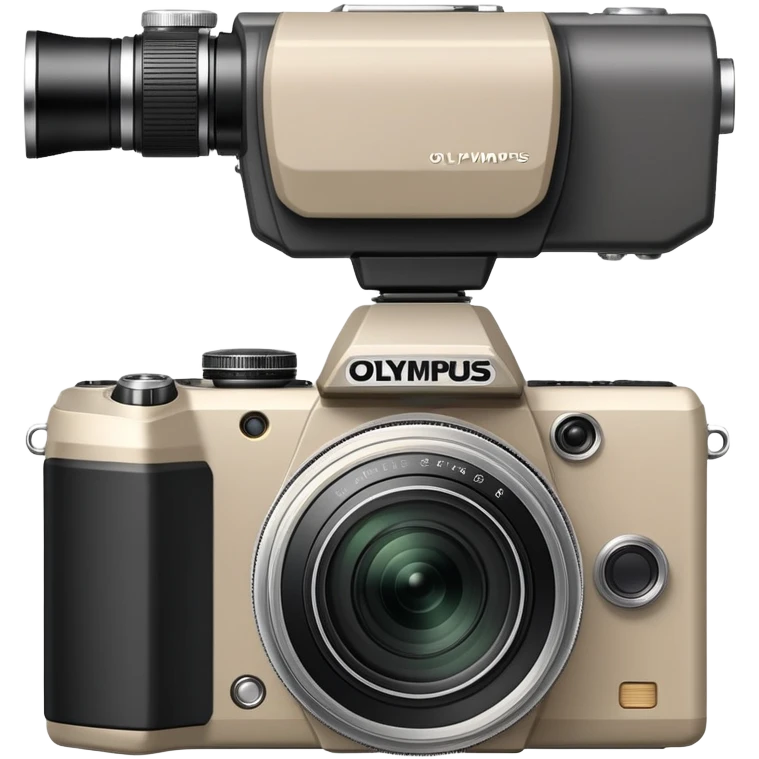 Extremely minimal Olympus Superzoom 70G camera from front view, grayish-beige color, simplified to basic geometric shapes, just hint of lens and minimal details emoji
