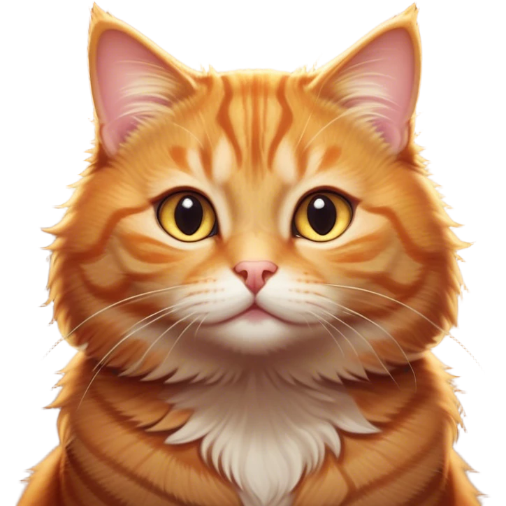 Cinematic Cute Ginger Tabby Cat Portrait Emoji, Round and plump body, soft orange-brown fur with dark tabby stripes, big, sparkling amber eyes, Simplified yet irresistibly adorable features, highly detailed, glowing with a warm, cozy glow, high shine, curious yet calm, stylized with a touch of whimsy, bright and endearing, soft glowing outline, capturing the essence of a mischievous yet lazy and lovable kitty, so cuddly it feels like it could waddle right out of the screen for a snuggle! emoji