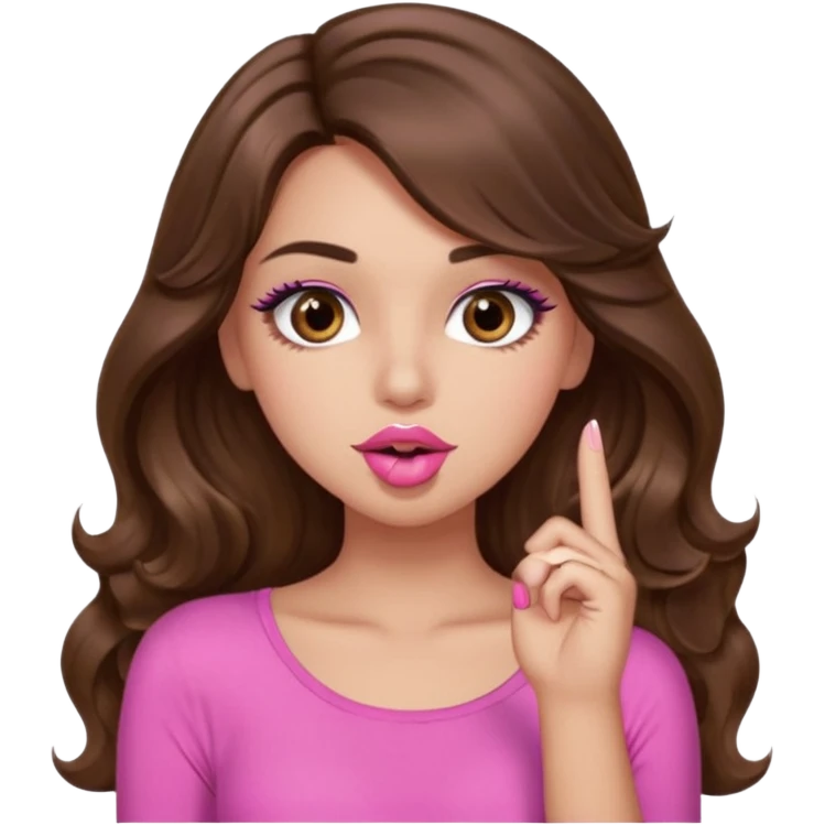 girl with long wavy brown hair, brown eyes, light to medium complexion, in a pink sexy top, pink lips, long lashes, shushing with one finger on the lips emoji