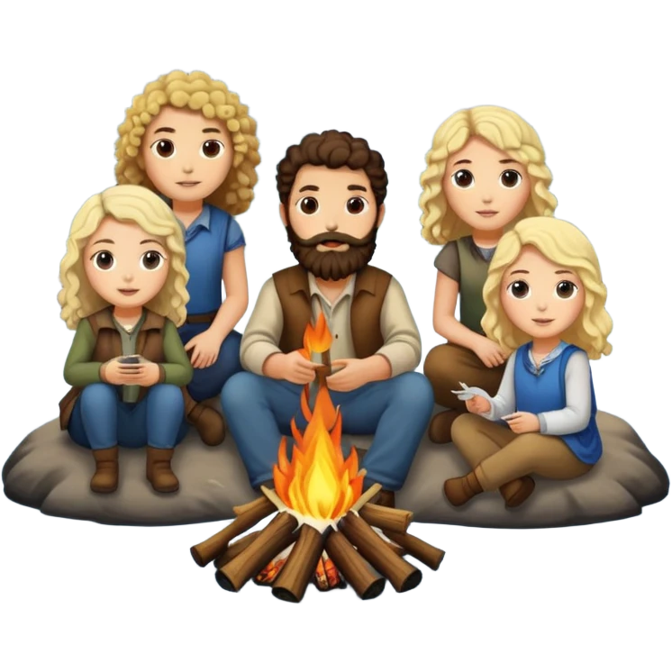 Bonfire at a river with 4 people, person one is a native from BC with a beard, person two is a white male with curly hair, person 3 is a while female with dark brown hair, person 4 is a white female with blonde hair emoji