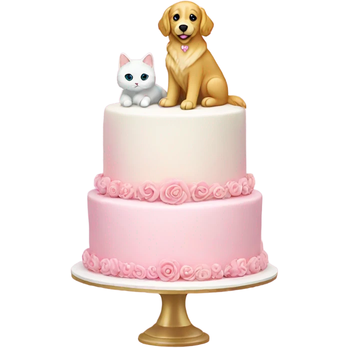 pink wedding cake with a golden retriever and white cat figures on top  emoji