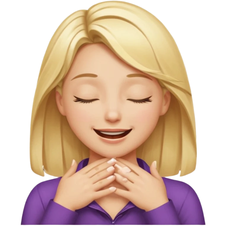 Happy blonde girl with eyes closed and mouth smiling and hands cupped around her neck - her eyes are squinty with excitment emoji