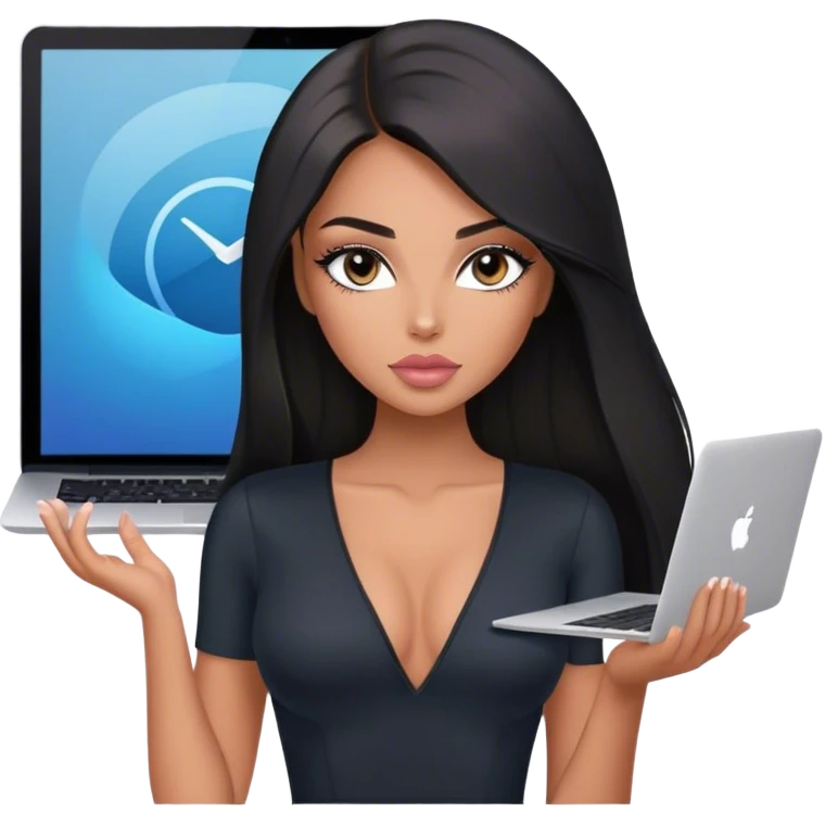 Glamours, tanned, very beautiful girl, with big pump peach-beige-rose lips, long lashes, black straight smooth silky long hair, straight parting hair, blue-grey eyes, in black v-neck bodysuit holding MacBook emoji