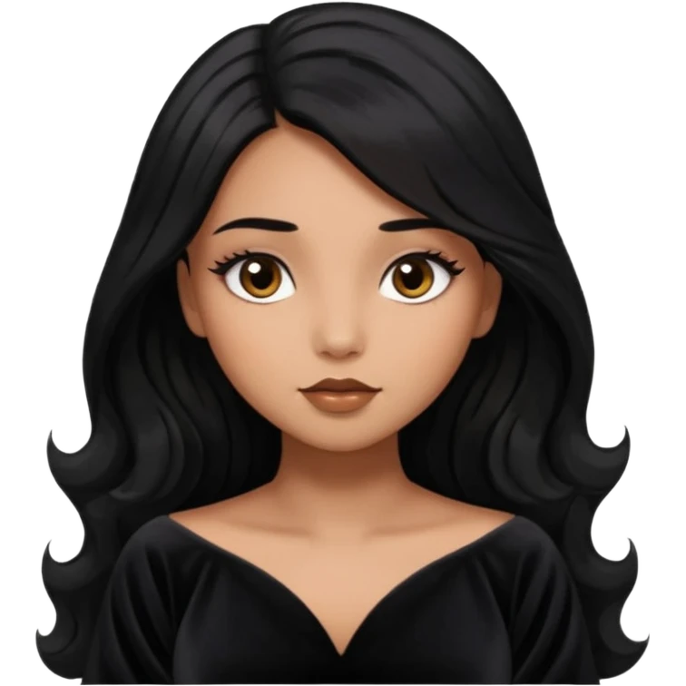 She has round head with oversized glossy eyes that dominate her face, giving her a dreamy expression. Her eyes are a warm brown with long lashes. She has light brown skin. Long jet black hair. She’s wearing a dark dress emoji