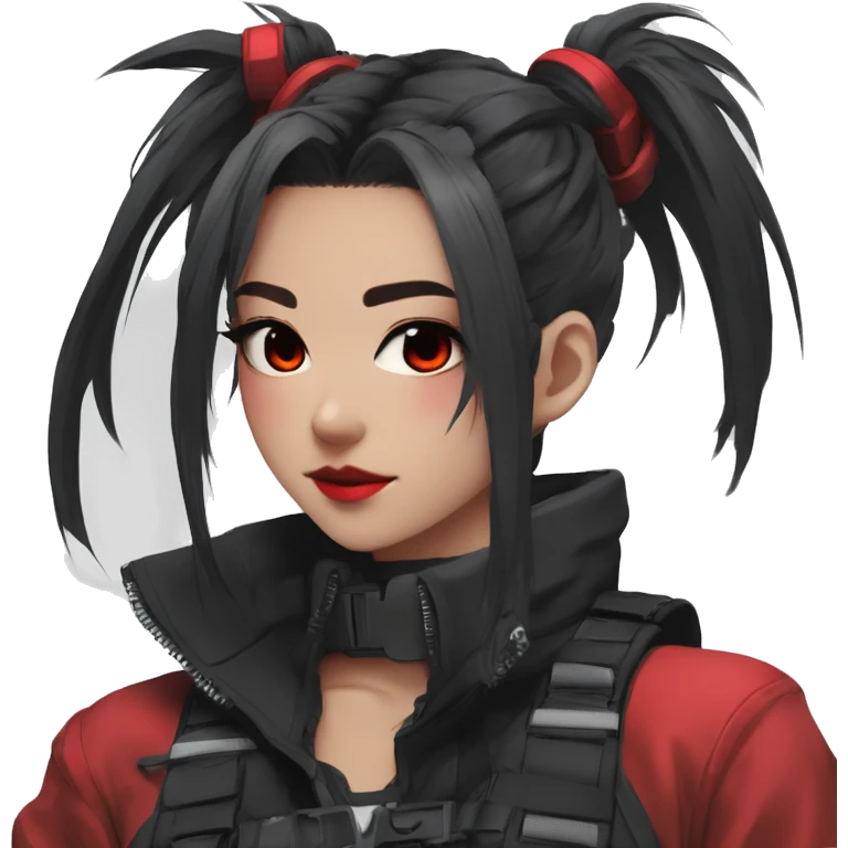 Gorgeous techwear anime style lady with blushing face aesthetic and pretty edgy black red punk messy ponytail with collar and harness trending style emoji