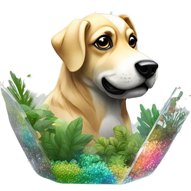 A dog made of glass mirror crystals prisms glass transparent filled with plants as a terrarium with graffiti doodles emoji