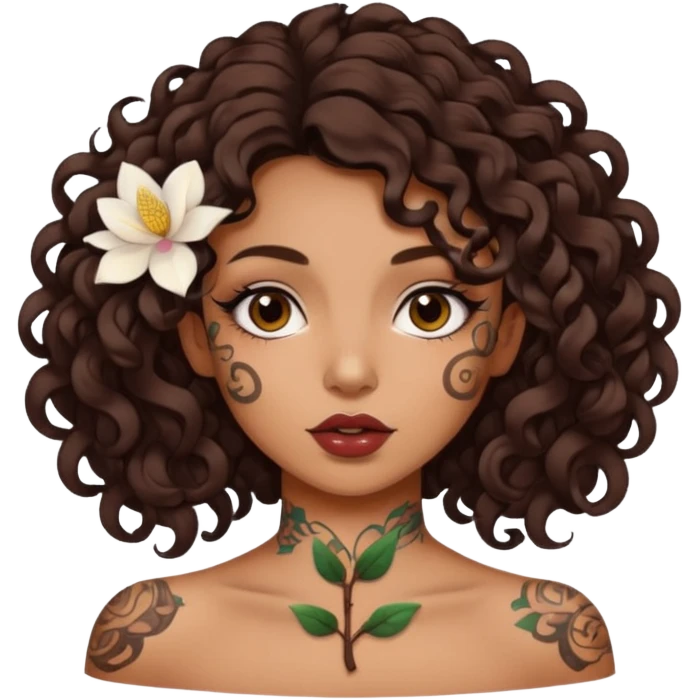 Alternative girl with curly dark brown hair and a magnolia throat tattoo emoji
