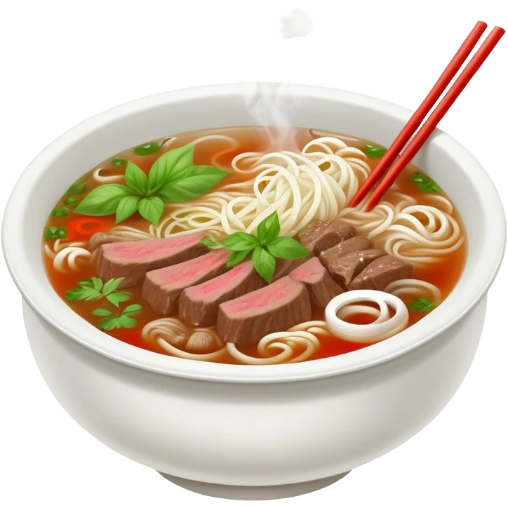 Cinematic Realistic Pho Dish Emoji, depicted as a steaming bowl of aromatic beef noodle soup with herbs rendered with lifelike textures and vibrant, warm lighting. emoji