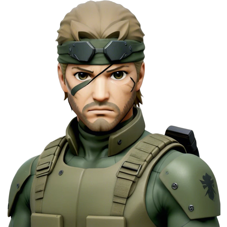 Cinematic Realistic Metal Gear Solid Snake Soldier Portrait, depicted with steely determination and tactical precision. Clad in intricately detailed combat attire in consistent muted greens, browns, and blacks, his rugged, weathered features and piercing eyes exude relentless resolve. Rendered with lifelike texture and dramatic, natural lighting, high shine, noble and stealthy, capturing the essence of a legendary soldier operating in the shadows. emoji