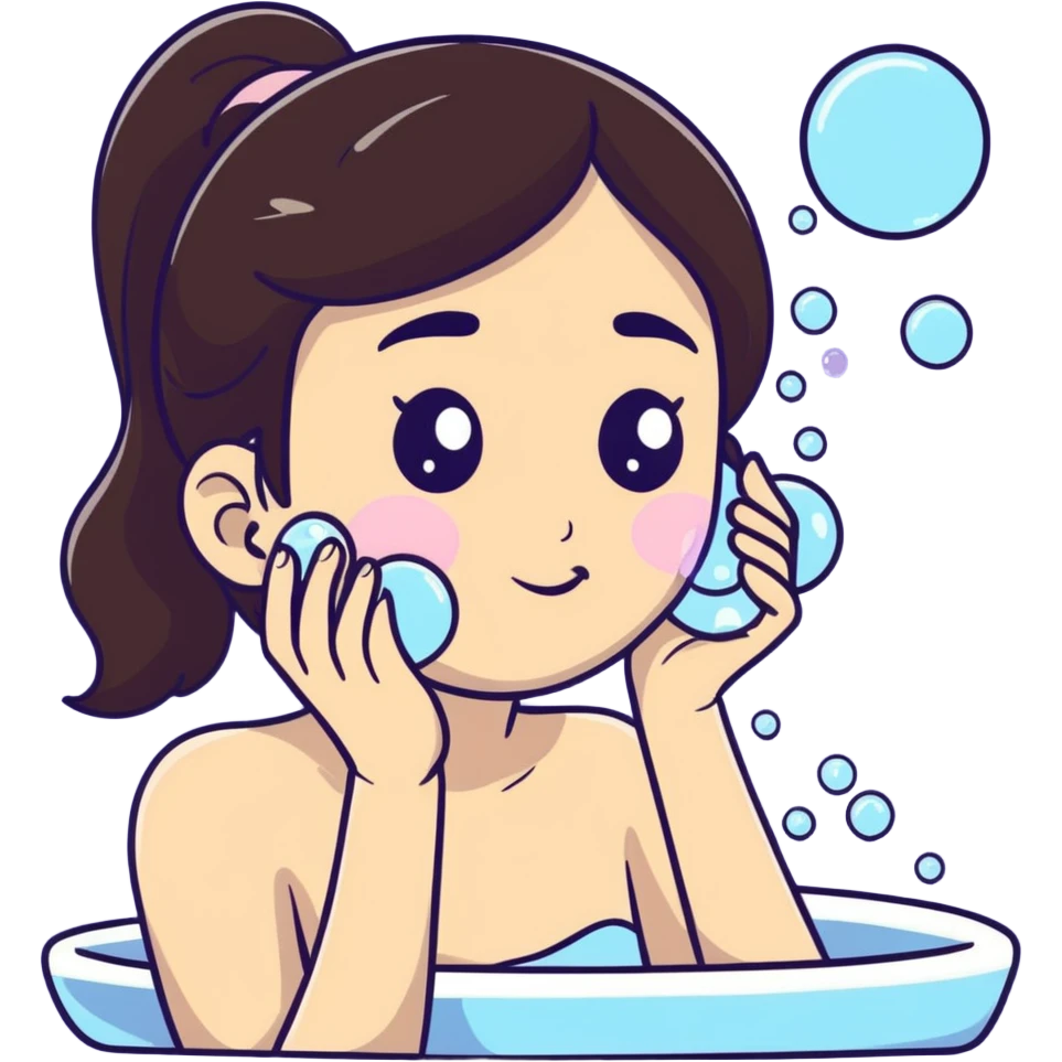 brunette girl washing her face with bubbles emoji
