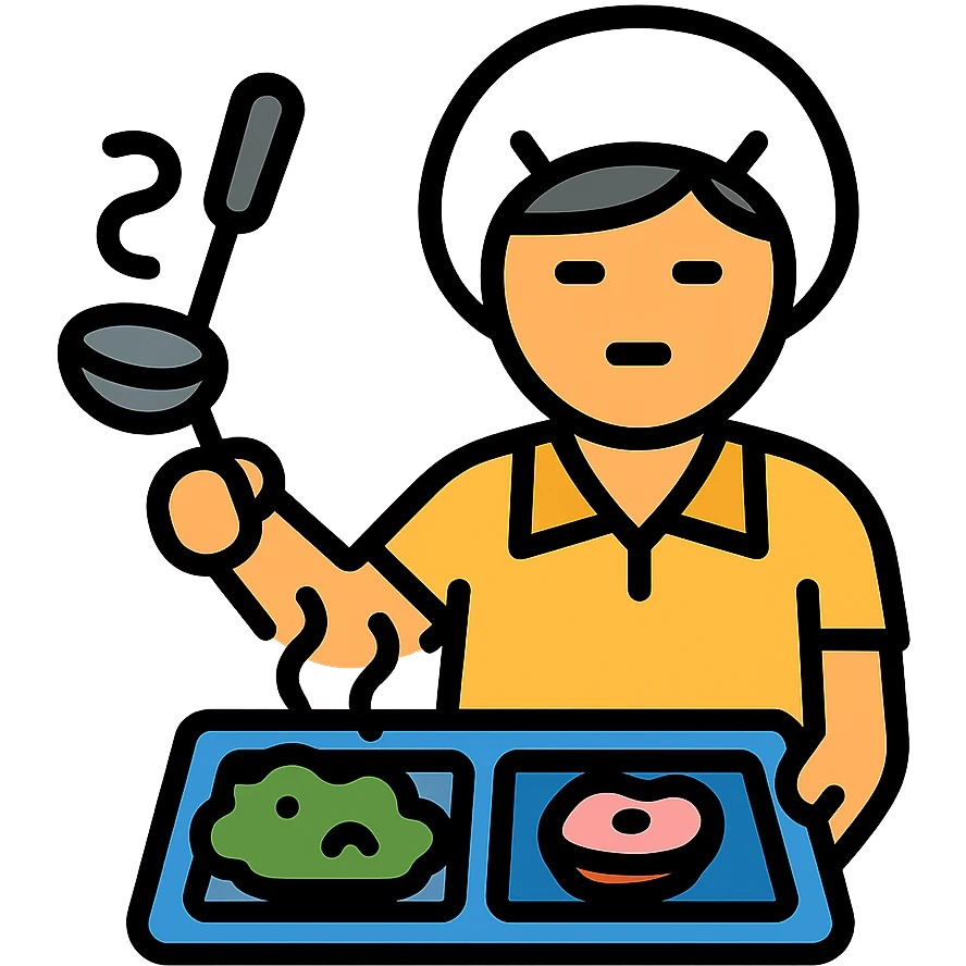 lunch lady serving unappetizing, gross cafeteria food icon with color and black outlines emoji