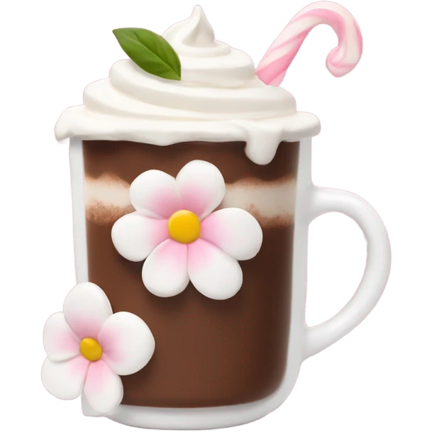 Hot chocolate with pale pink flower and whipped cream emoji