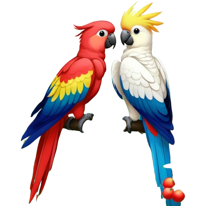 Close-up of colorful parrots Ara and Cockatoo Inca perched on tree branches, surrounded by lush greenery. Bright, vivid feathers contrast with the natural background of trees, leaves, fruits. Soft natural light, enhancing vibrant colors. Transparent background. emoji
